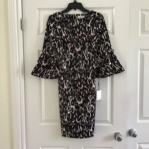 Calvin Klein black/white/light pink leopard print bell sleeve dress size 4